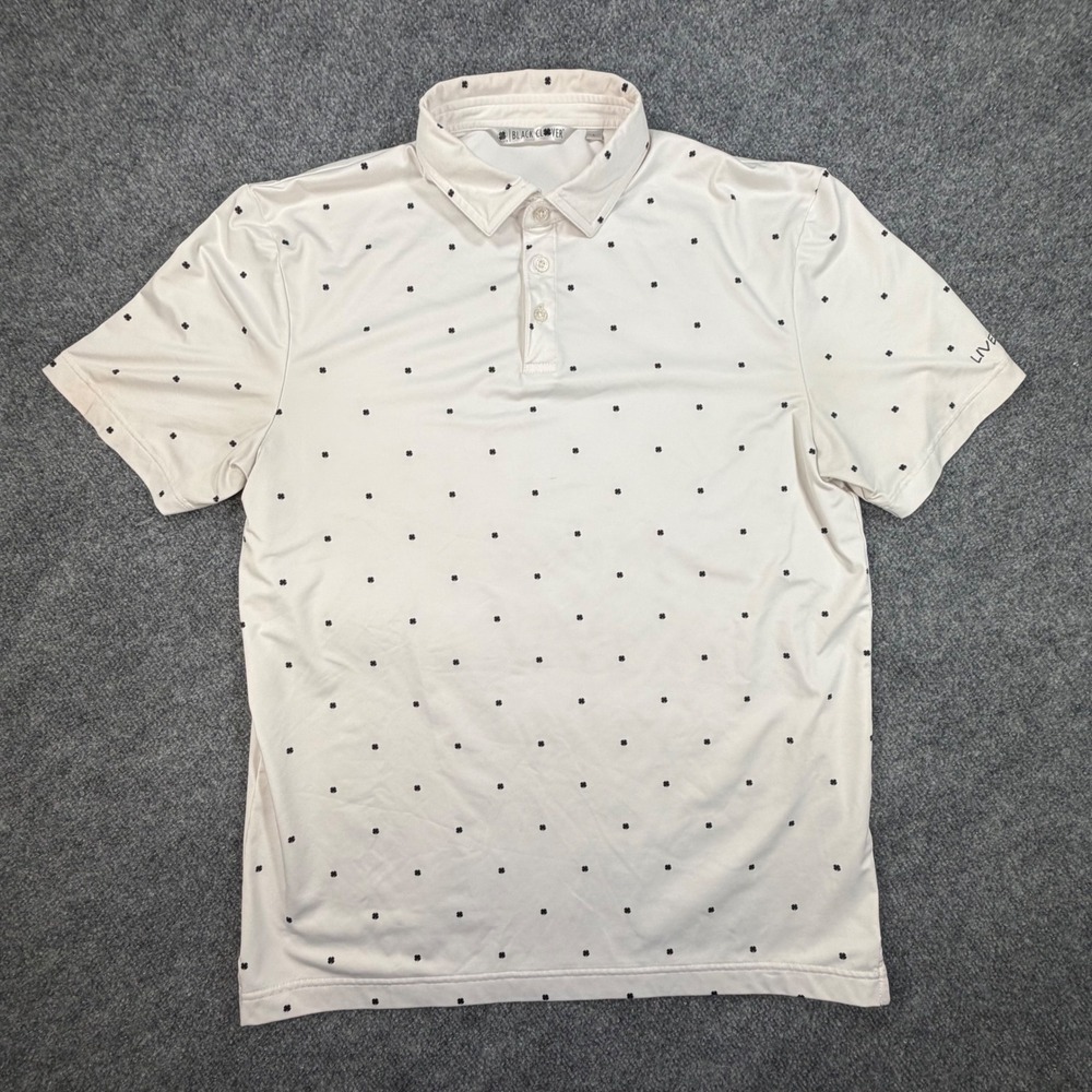 Black Clover Live Lucky Mens Large White Clover Print Golf Polo Shirt 0839